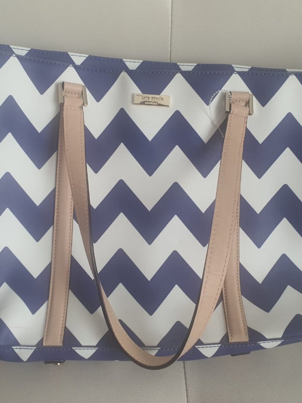 kate spade Navy Chevron Tote with Blush Straps
